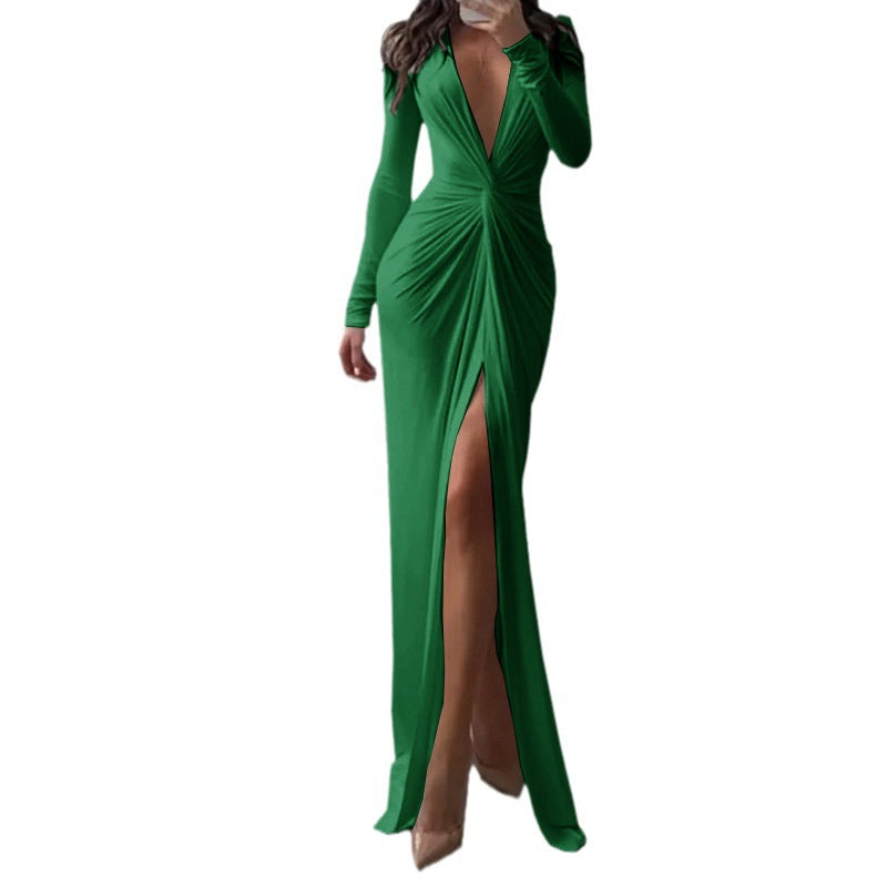 The Plissé Solid Long Sleeve Dress | Evarisluxe