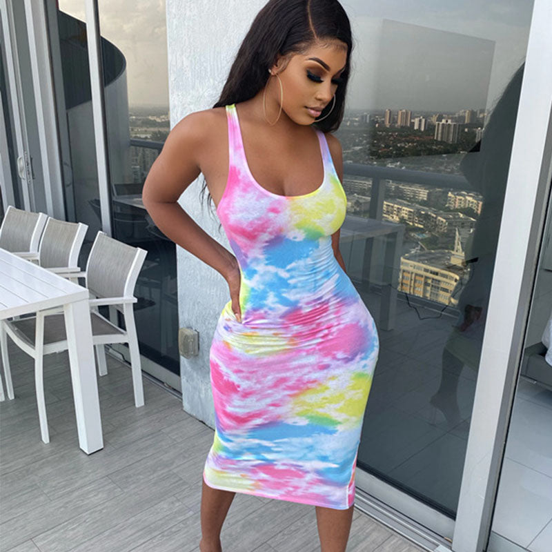 Rainbow Tie Dye Summer Skinny Dress for Women