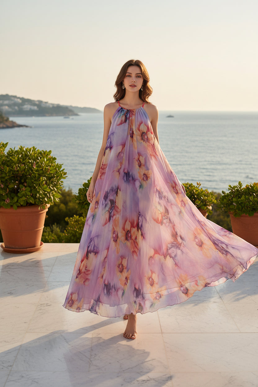 Woman in a floral dress and sun hat on a boat with water and sky in the background
