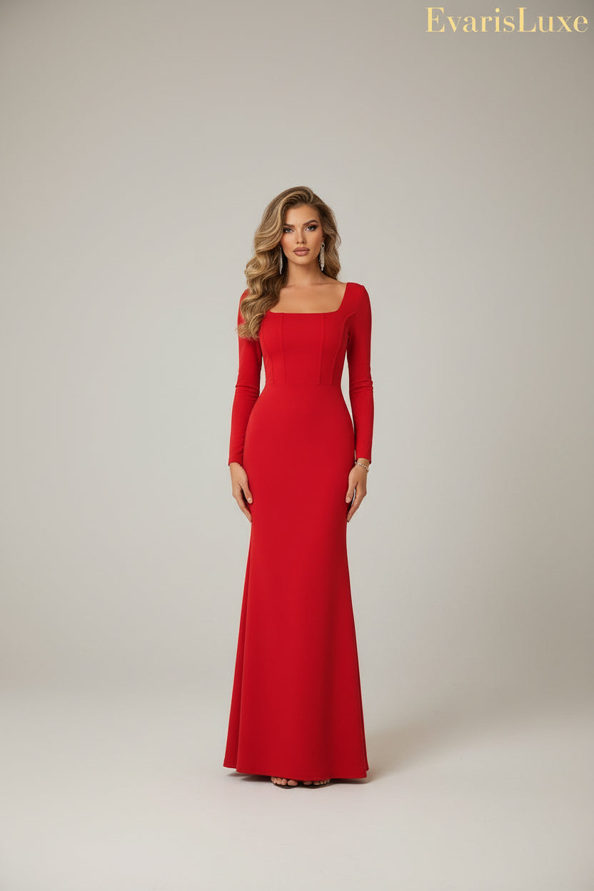 Woman in a red evening gown standing on a balcony with a forest background