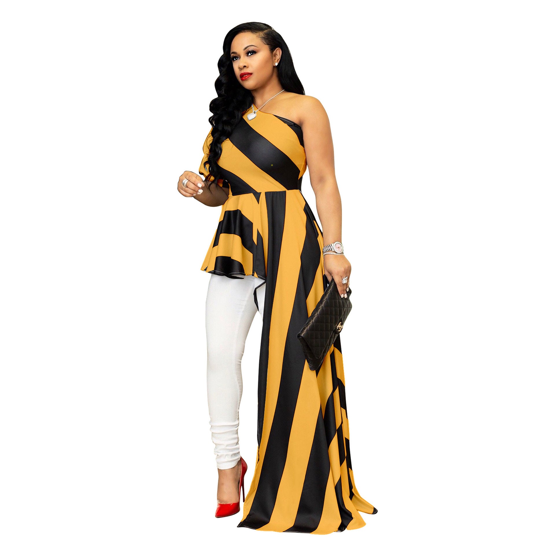 Oblique Shoulder Striped Long Dress for Women