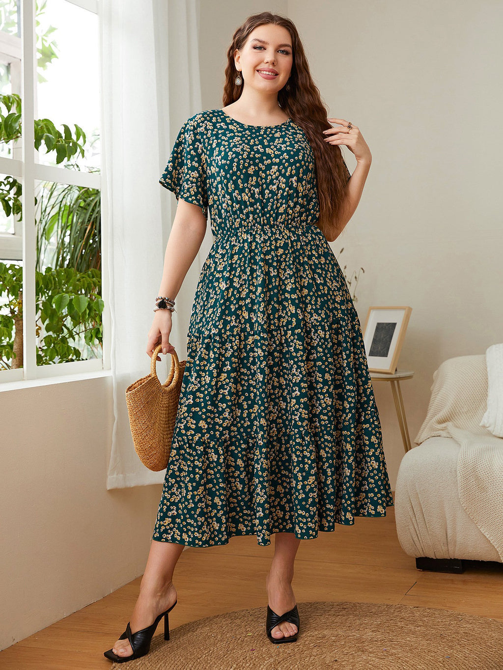 EvarisLuxe Floral Elegance Plus Size Midi Dress