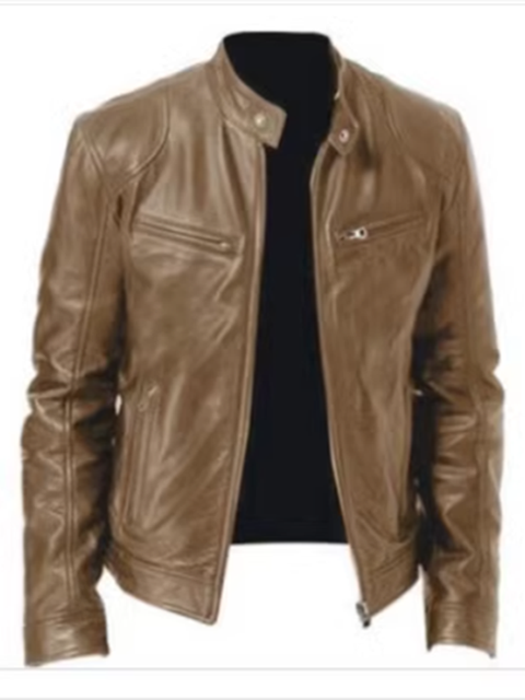 2023 Men's Slim Fit Leather Motorcycle Jacket with Zipper