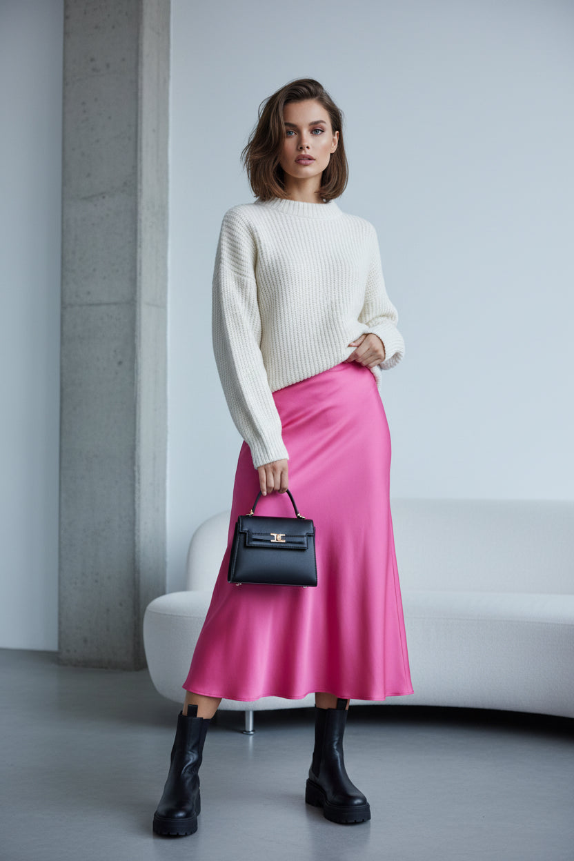 Person wearing a pink skirt and black boots holding a black handbag indoors.