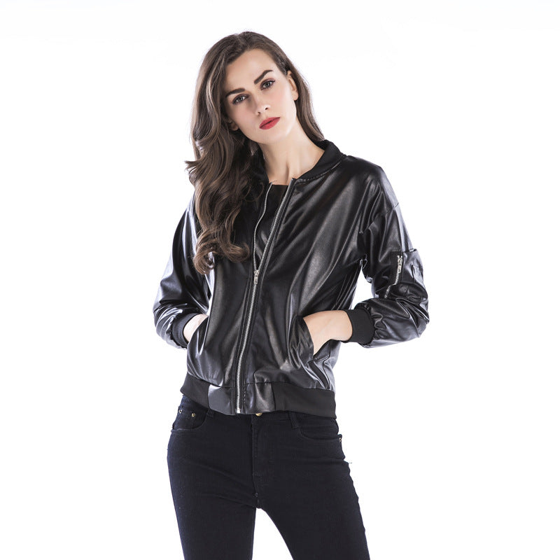 Women's Black Leather Jacket with Stand Collar