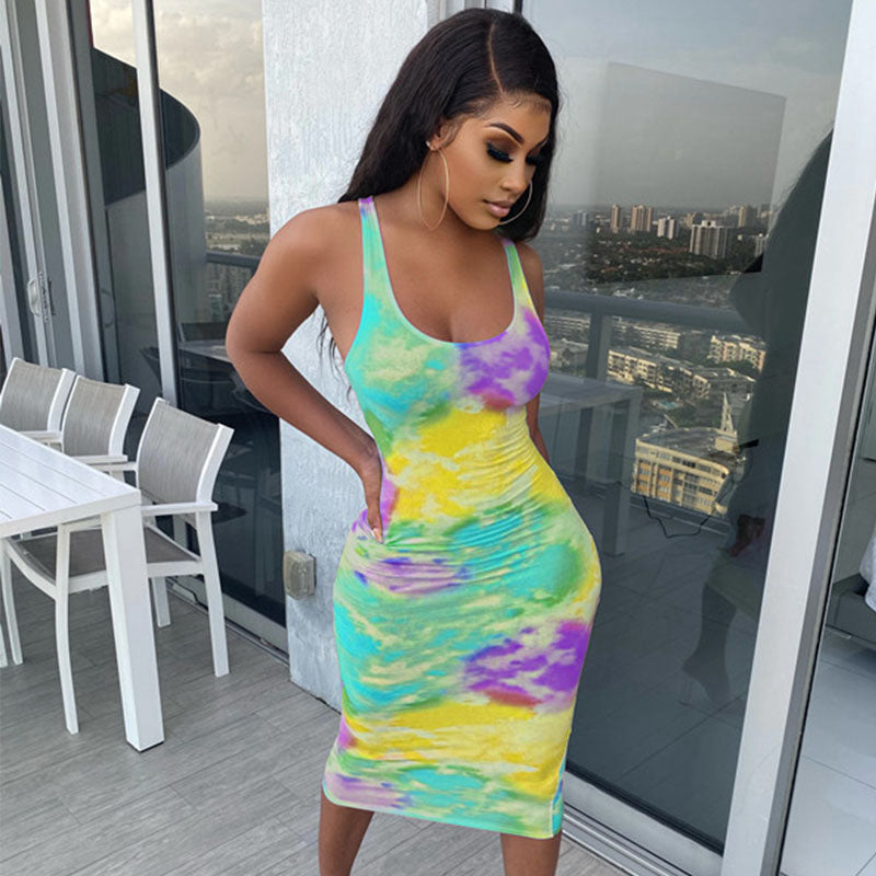 Rainbow Tie Dye Summer Skinny Dress for Women