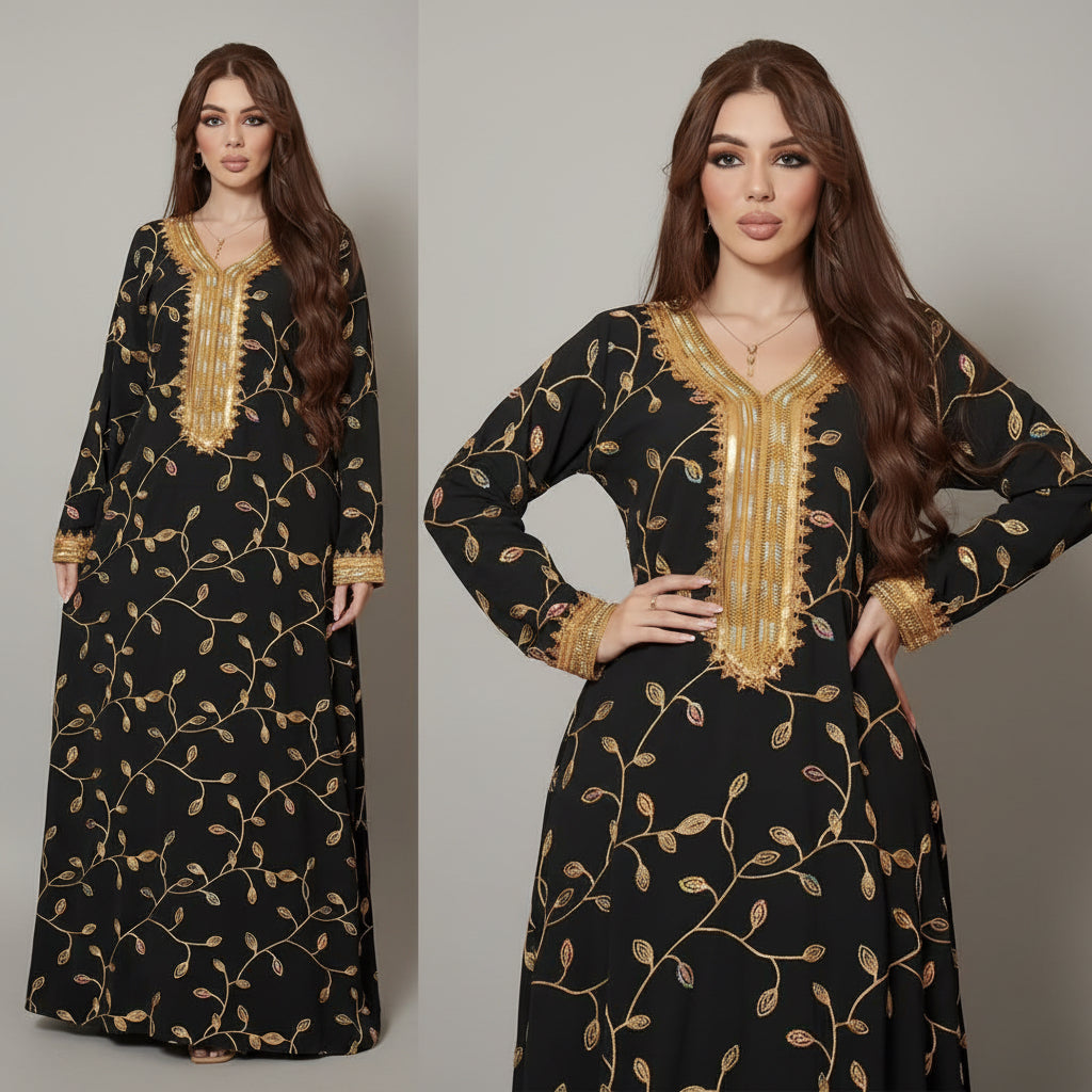 Woman wearing a black dress with gold embroidery in a decorated room.