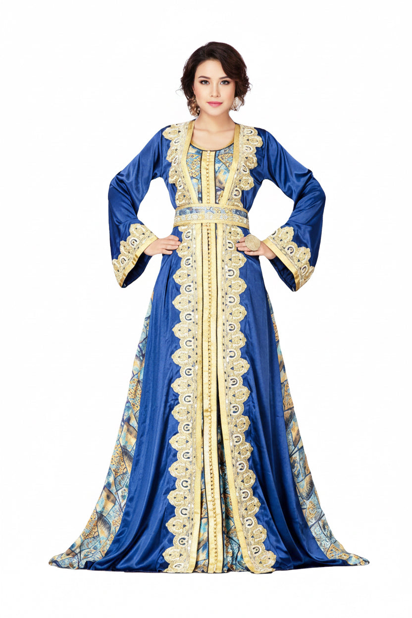 Blue dress with gold embroidery on a white background