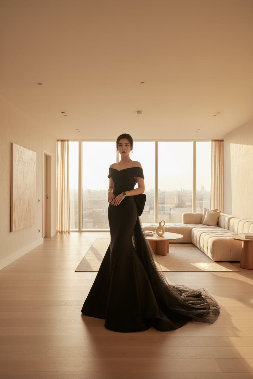 The Noir Prestige Princess-Sleeve Evening Dress | Evarisluxe
