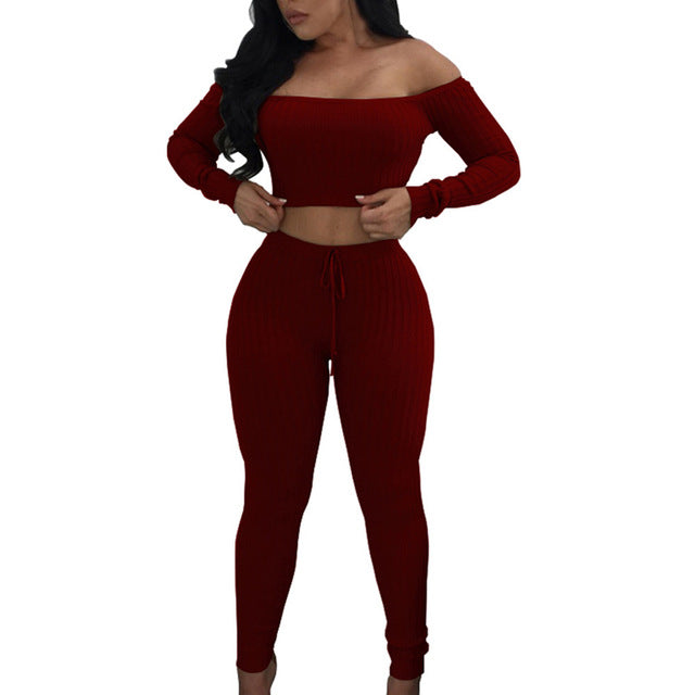 High Elastic Ribbed Long Pants Two-Piece Set