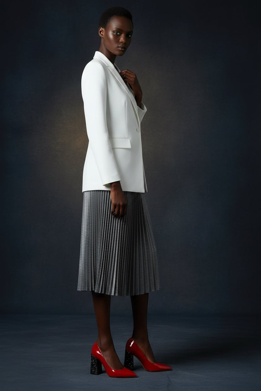 Woman wearing red high heels with a gray pleated skirt and white jacket.