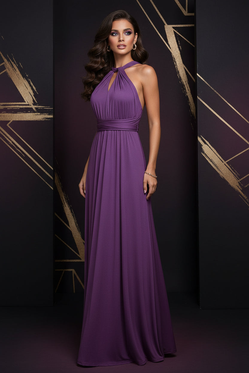 Purple evening gown on a white background