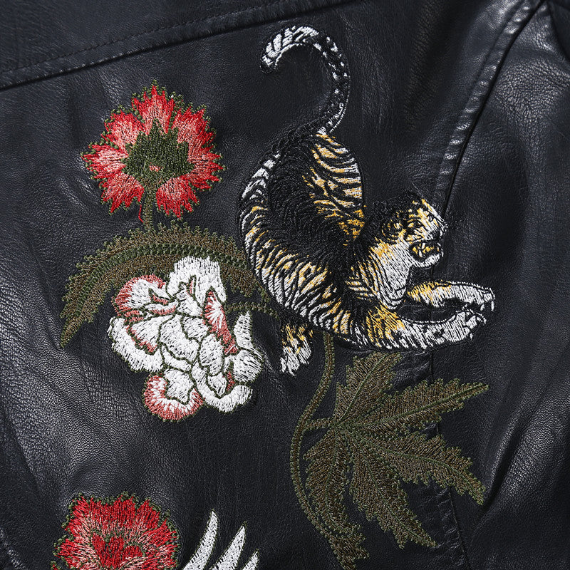 Embroidered Leather Jacket with Floral Design