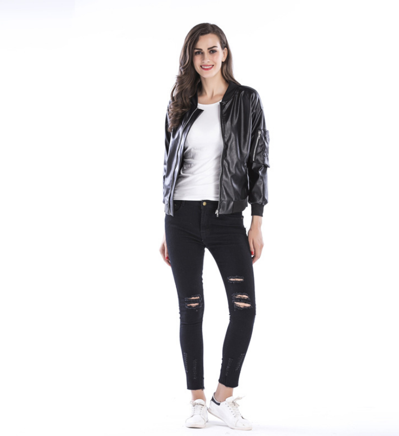 Women's Black Leather Jacket with Stand Collar