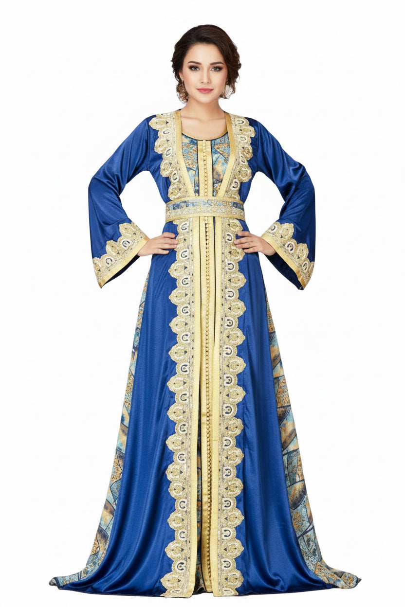 Blue dress with gold embroidery on a white background