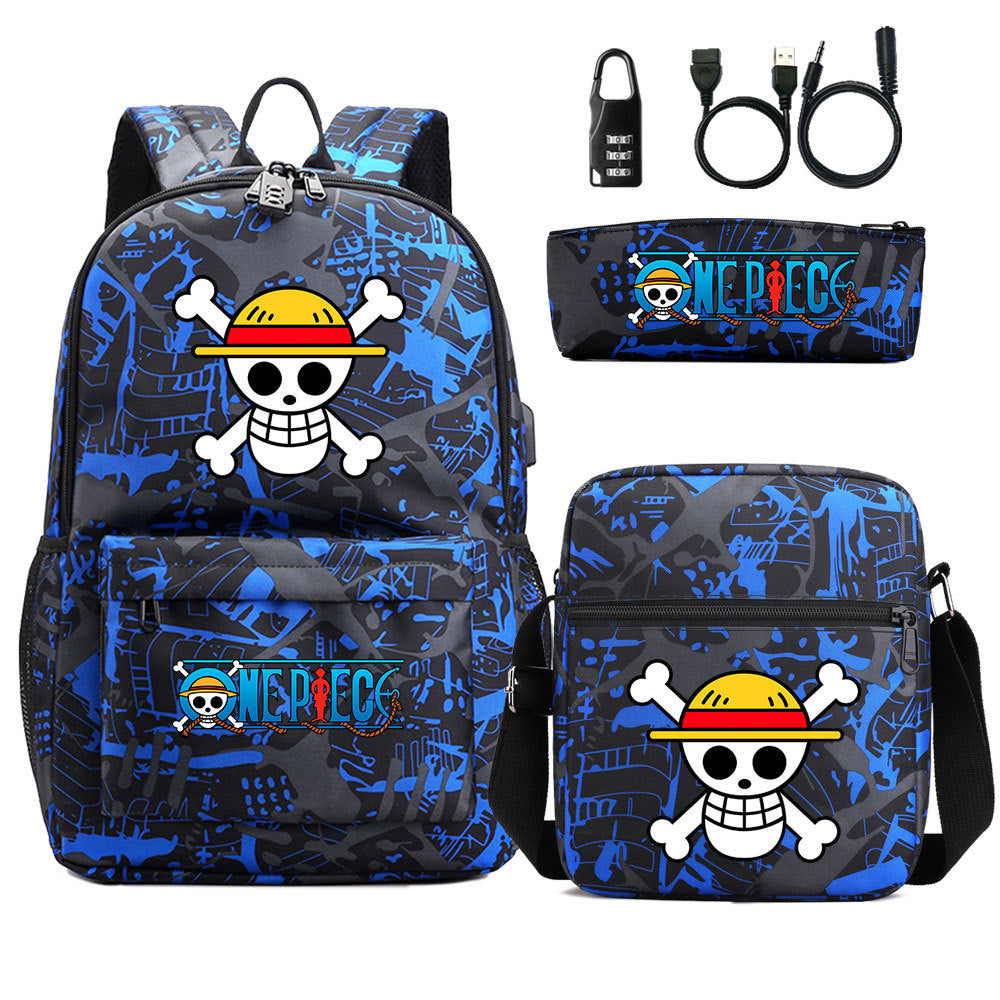Cartoon One Piece USB Password Lock Backpack Set