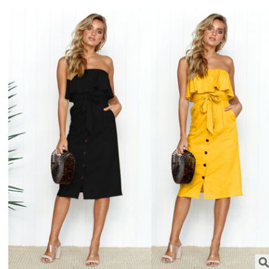 Summer Solid Color Ruffle Button Dress for Women