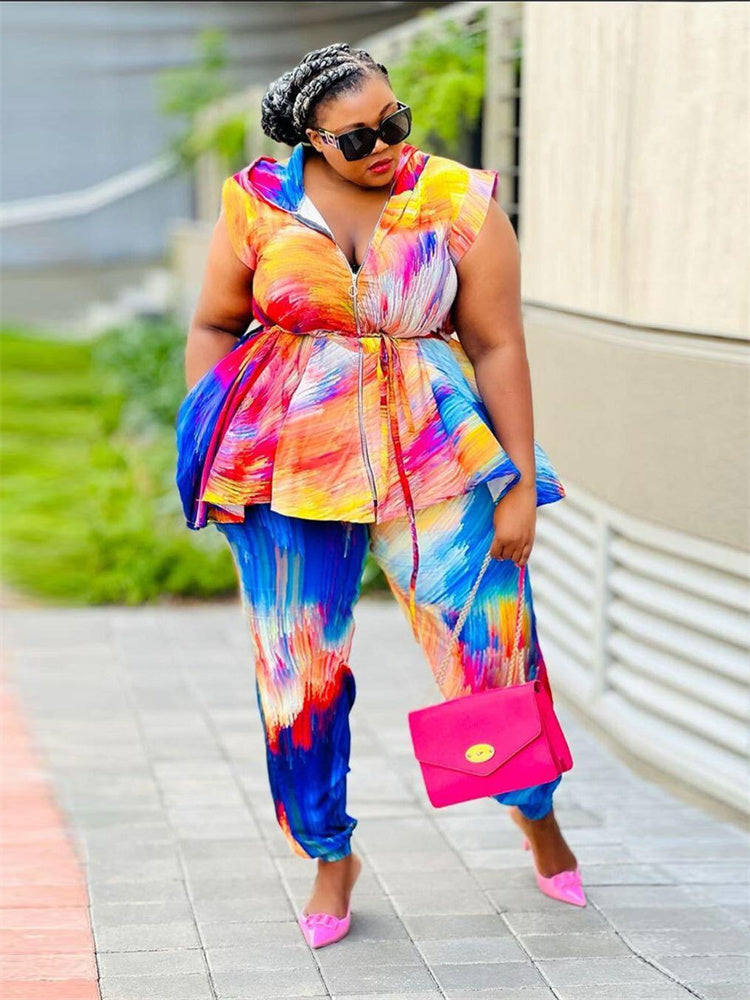 Plus Size Tie Dye Two Piece Hoodie and Pants Set