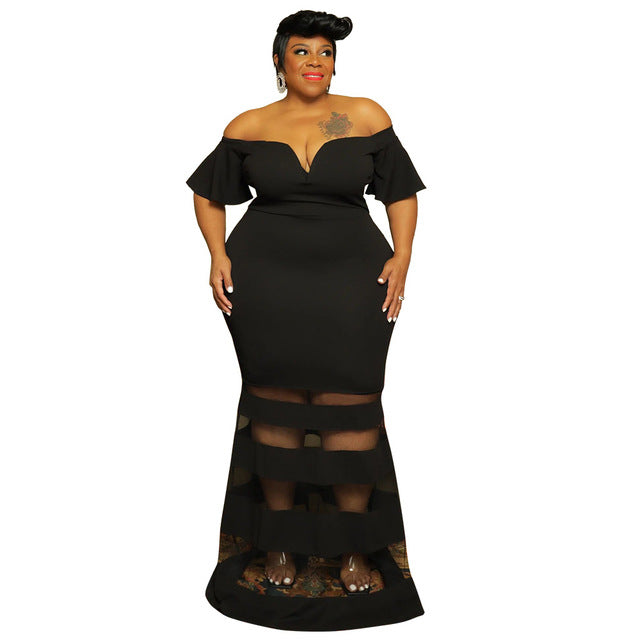 Evarisluxe Plus Size Mesh Puff Sleeve Gala Dress