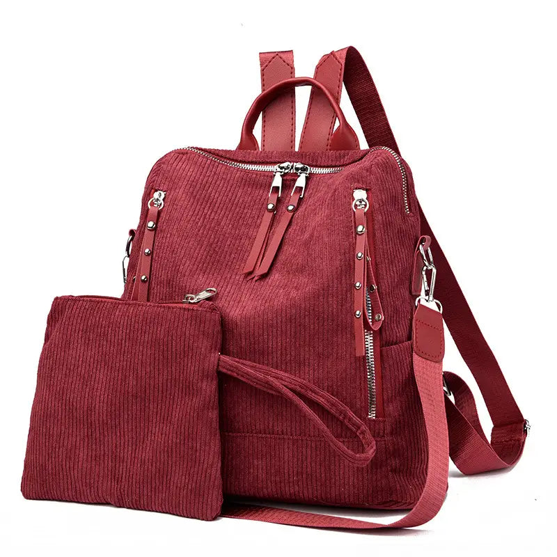 2-Piece Corduroy Backpack Set with Shoulder Bag & Clutch