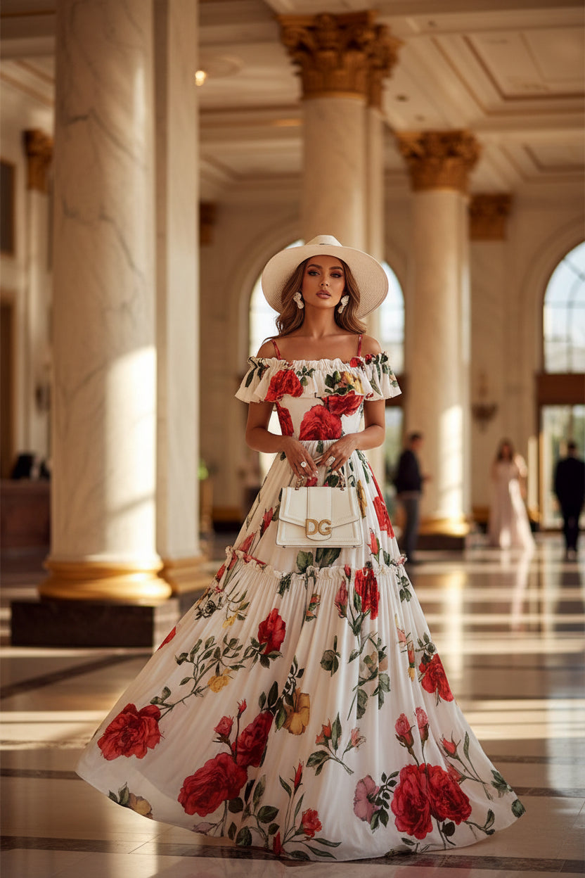 Woman in a floral dress standing by a fountain with flowers around her.