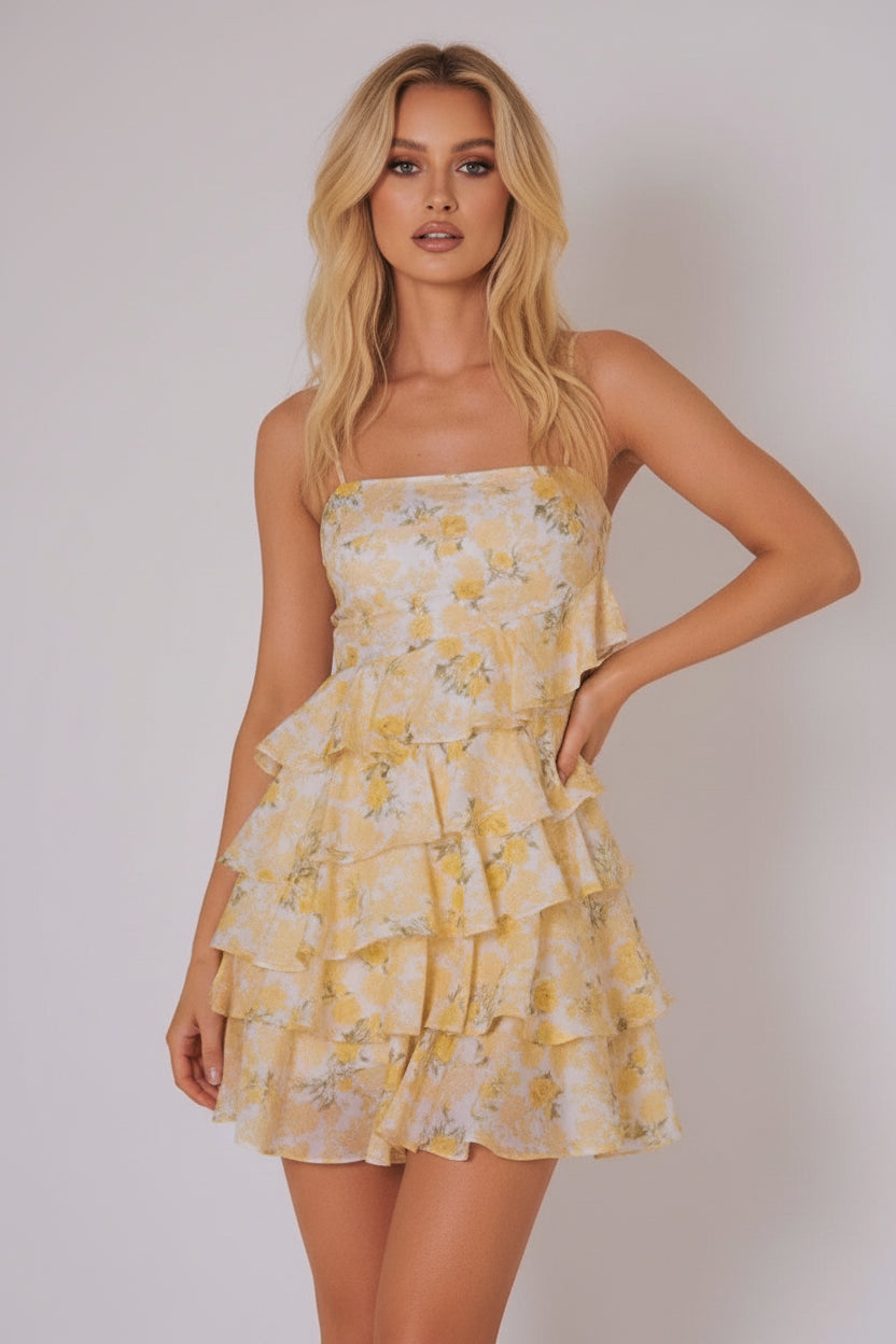 Woman wearing a yellow floral dress against a plain background