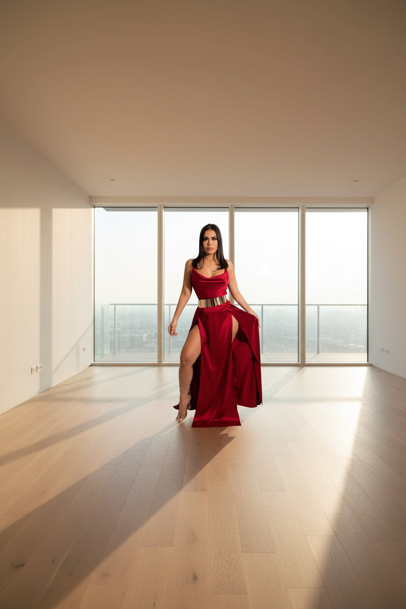 Woman wearing a red evening gown with a high slit on a white background