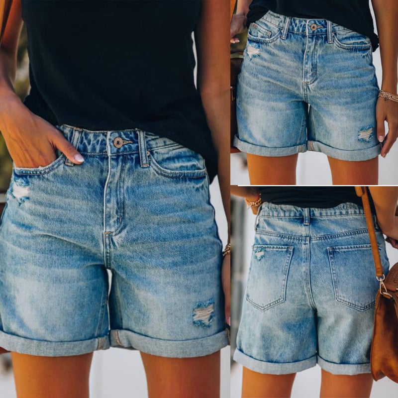 Ladies' Ripped Washed Denim Shorts for Summer