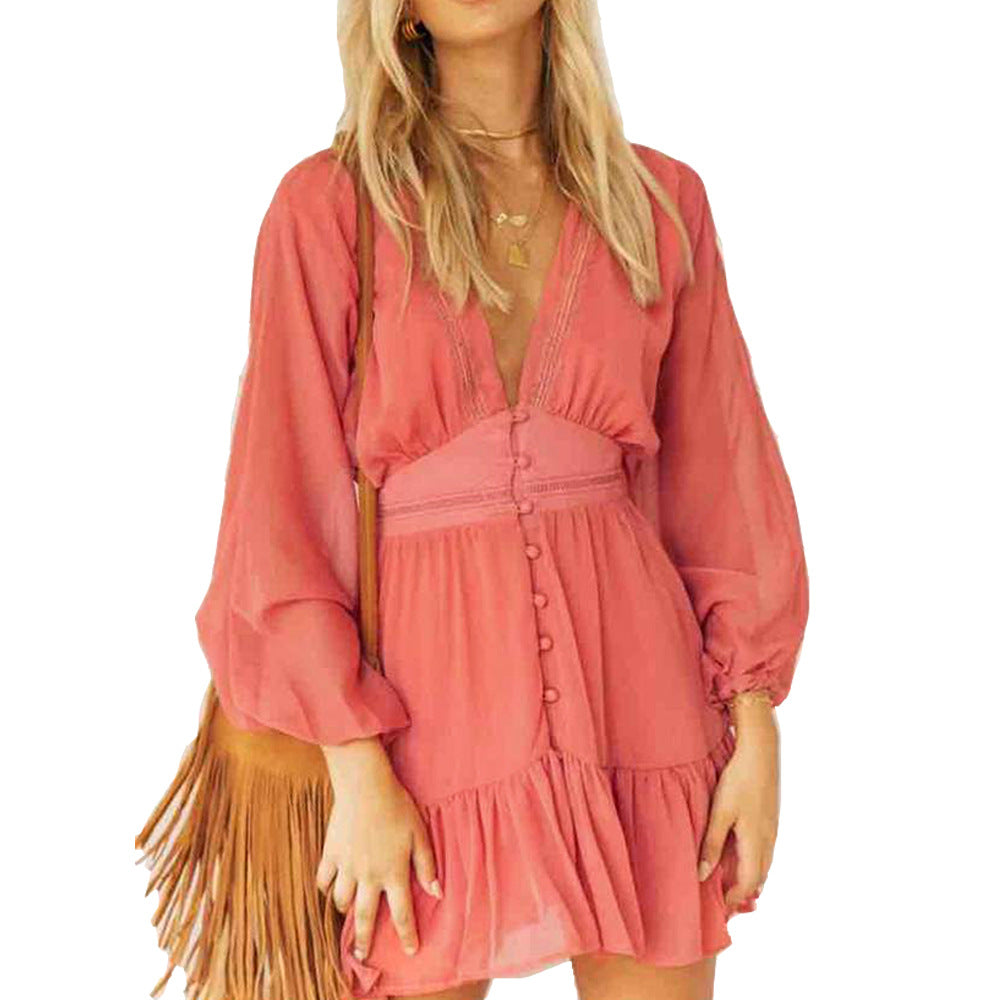 Coral Red Deep V-Neck Sheer Mini Dress for Spring/Summer