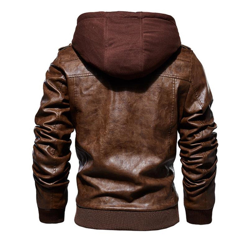 Plus Size PU Washable Hooded Leather Jacket with Zipper