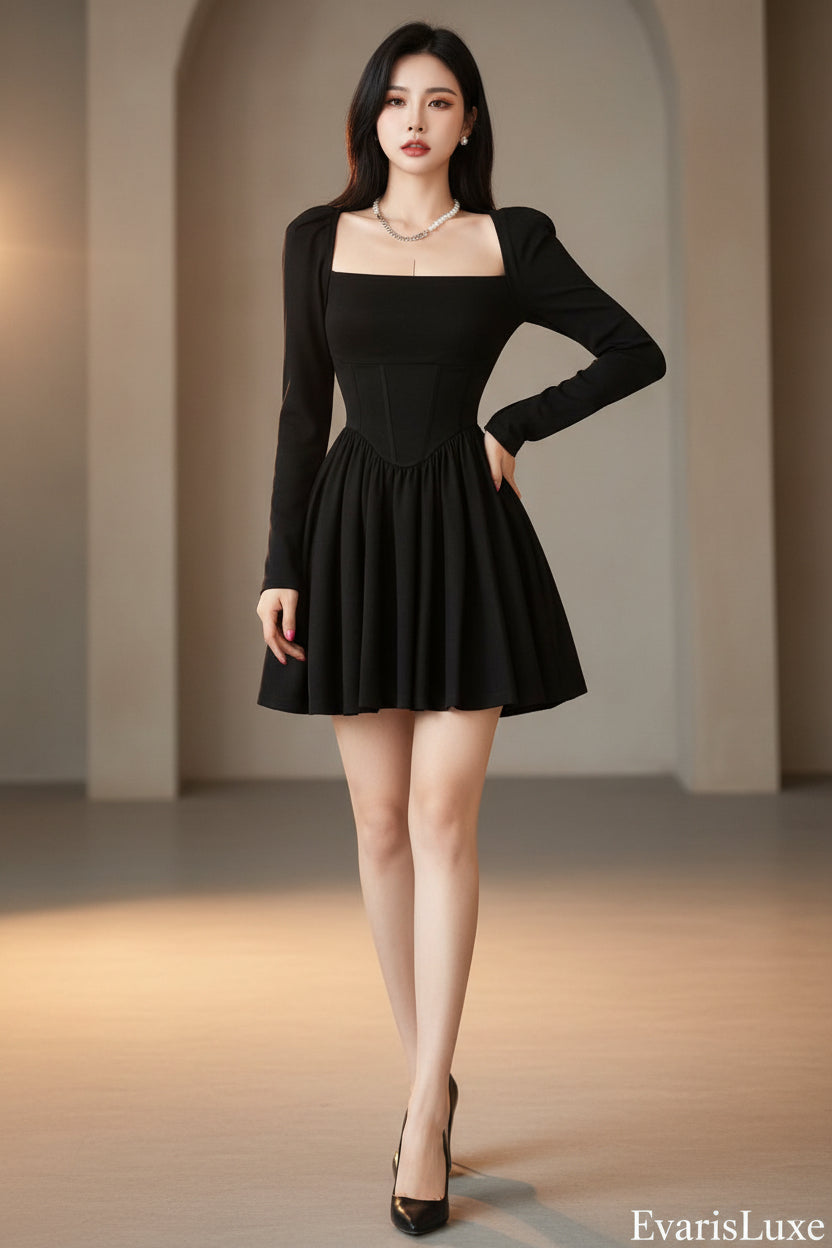 Woman wearing a black dress holding a bottle of wine indoors.
