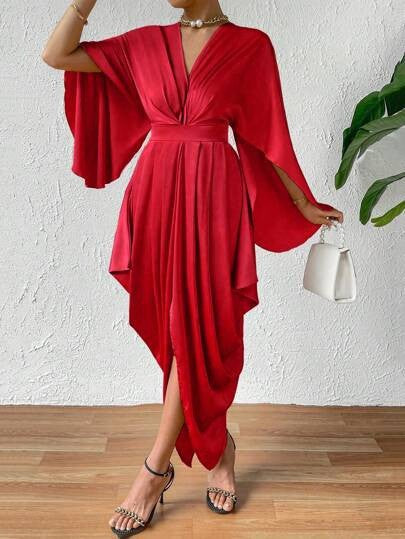 Evarisluxe Pleated Wave Midi Dress