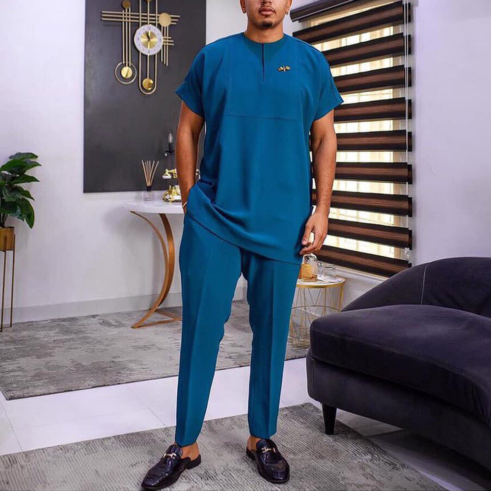 Men's Two-Piece Solid Color Short Sleeve Suit Set