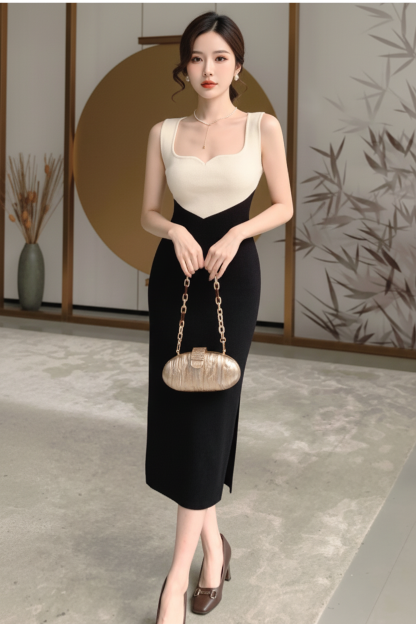Woman holding a handbag in an indoor setting