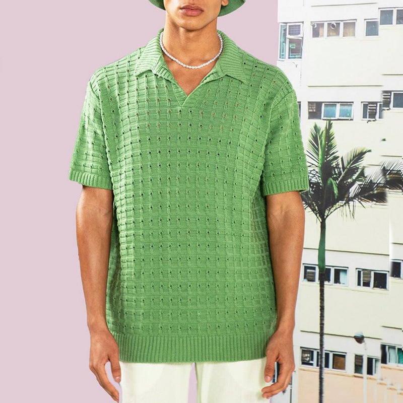 European Men's Casual V-Neck Knit Polo Shirt