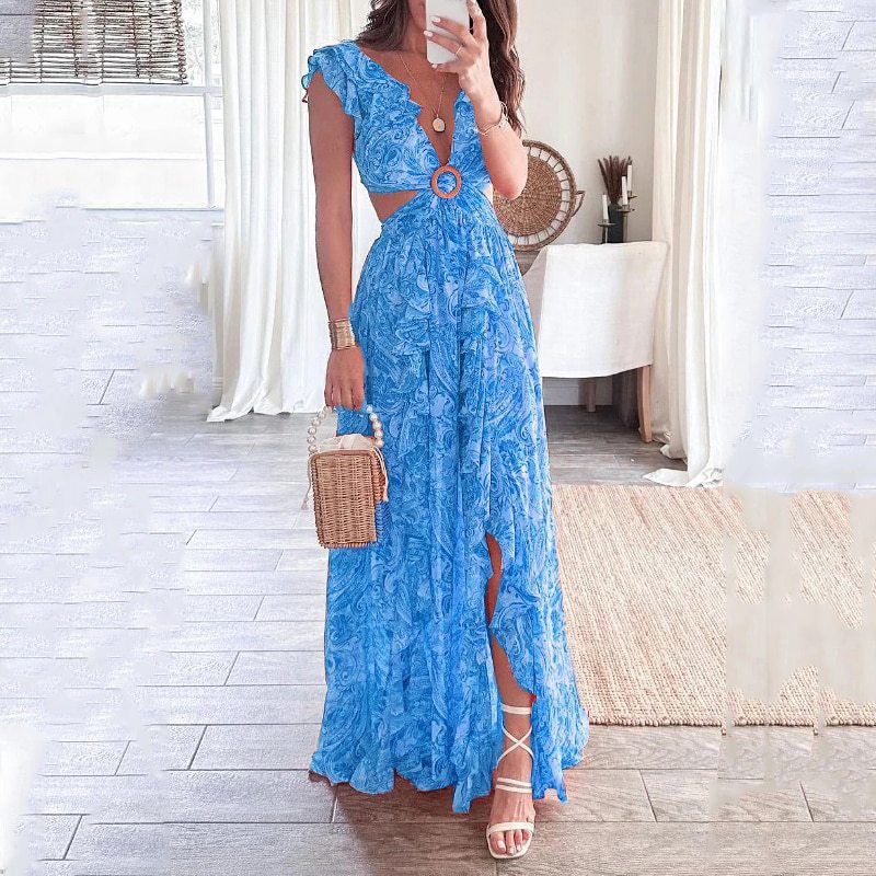 2023 Summer Print Deep V Sexy Long Dress for Women