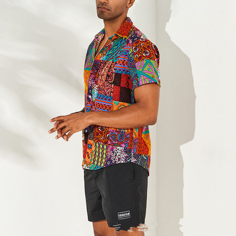 Printed Cotton-Linen Short Sleeve Shirt