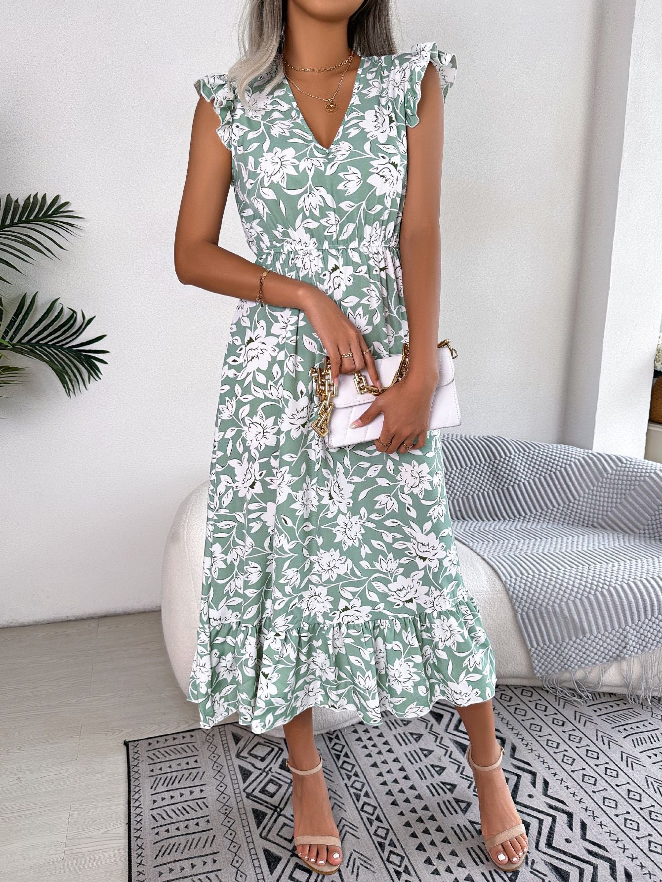 Spring Summer Casual Ruffle Floral Maxi Dress