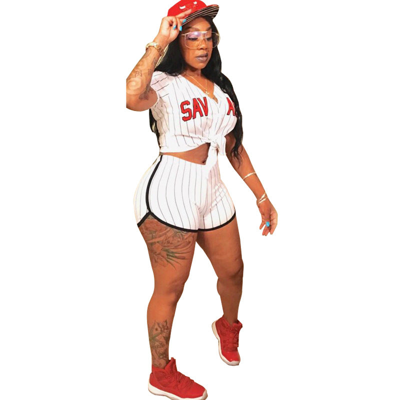 Striped Letter Baseball Jersey Two-Piece Set for Women