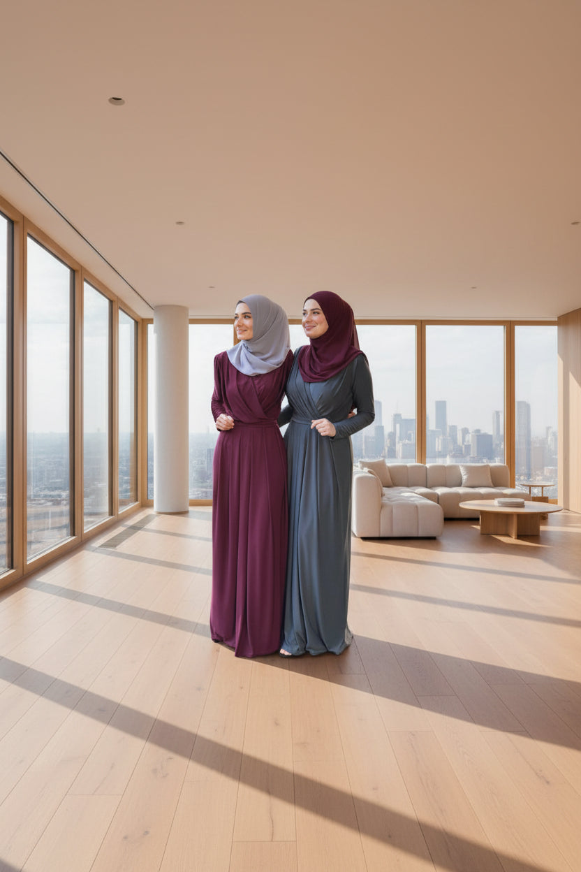Two women wearing long, flowing dresses standing outdoors on a path with greenery.