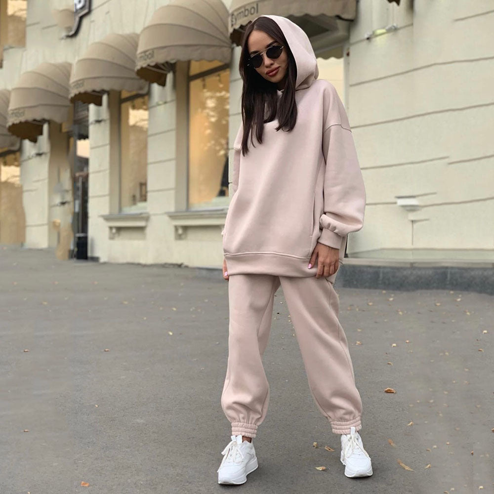 Fashionable Solid Color Hoodie & Casual 2-Piece Set