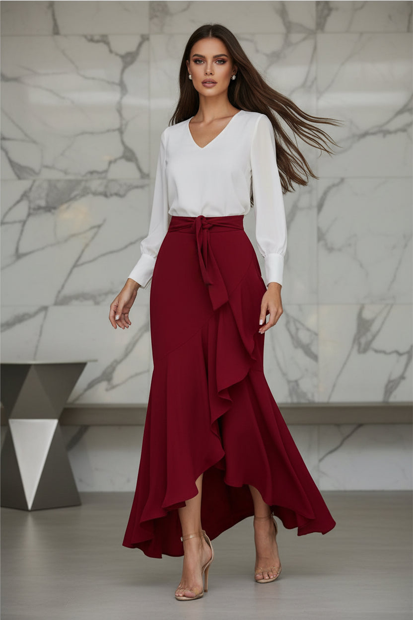 Person wearing a red skirt with a white top in an indoor setting