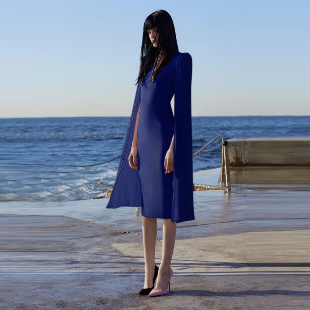 Elegant Solid Color Pencil Dress with Draped Cape