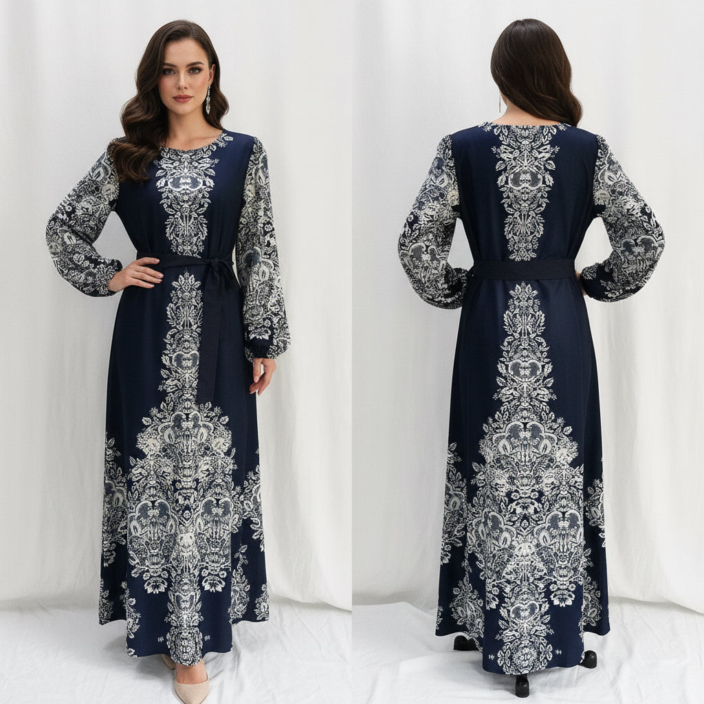 Navy blue dress with white floral patterns on mannequins against a white background