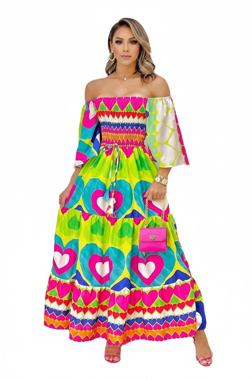 Colorful off-shoulder dress with heart patterns on a white background