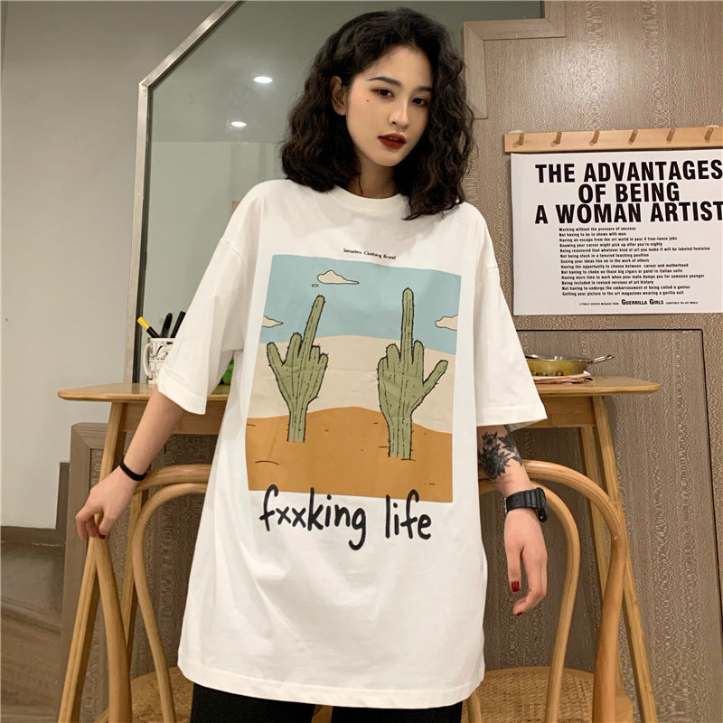 Cactus Print Loose Cotton T-Shirt for Women Summer