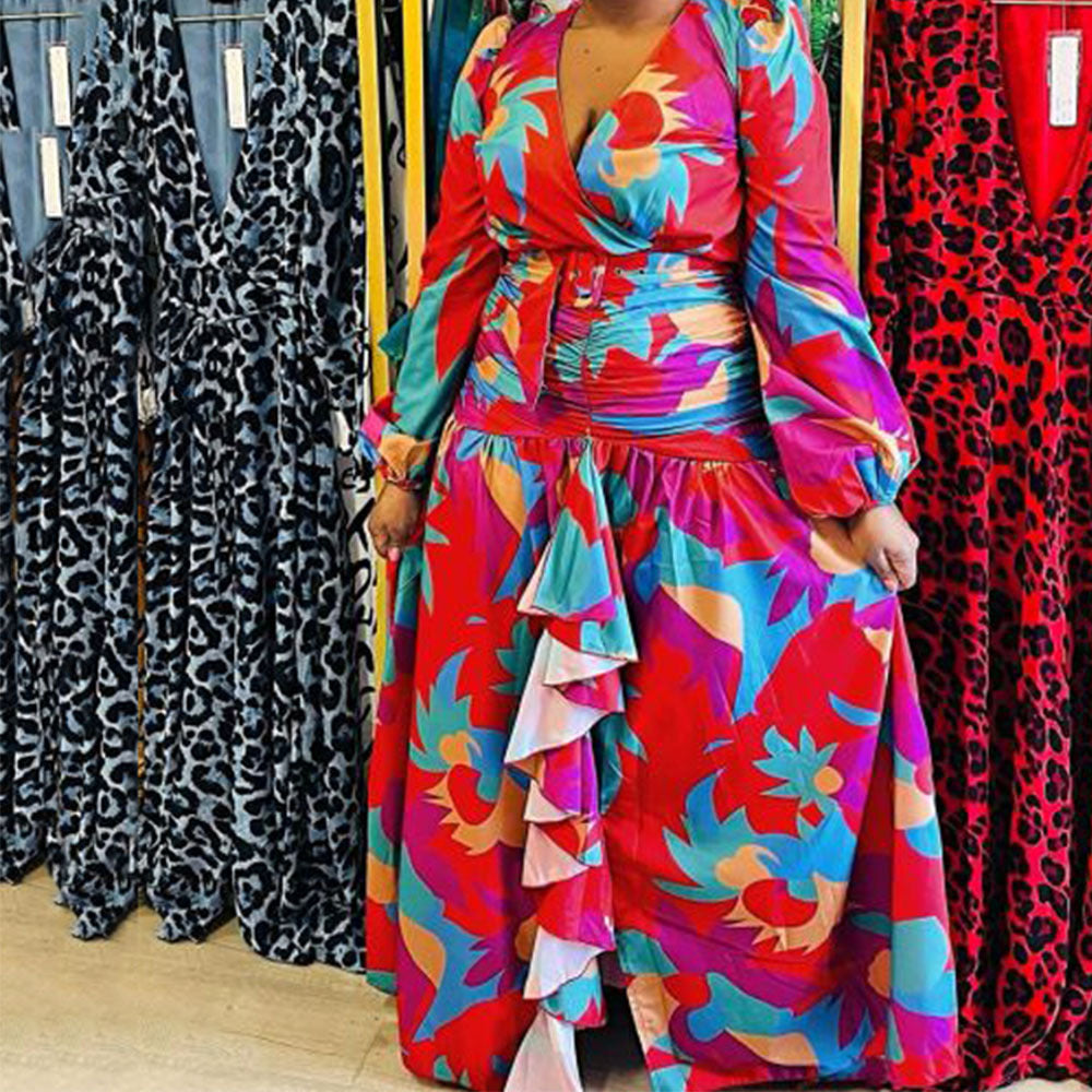 Evarisluxe Vintage Printed Deep V Split Dress