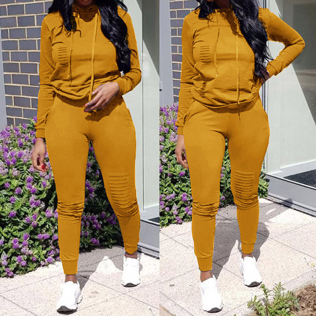 Women's Solid Color Floral Hoodie Two-Piece Set