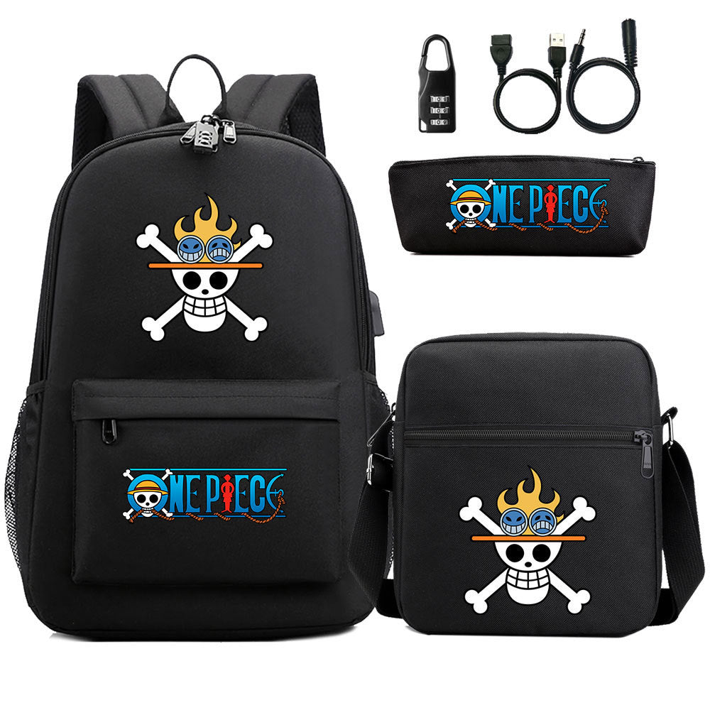 Cartoon One Piece USB Password Lock Backpack Set