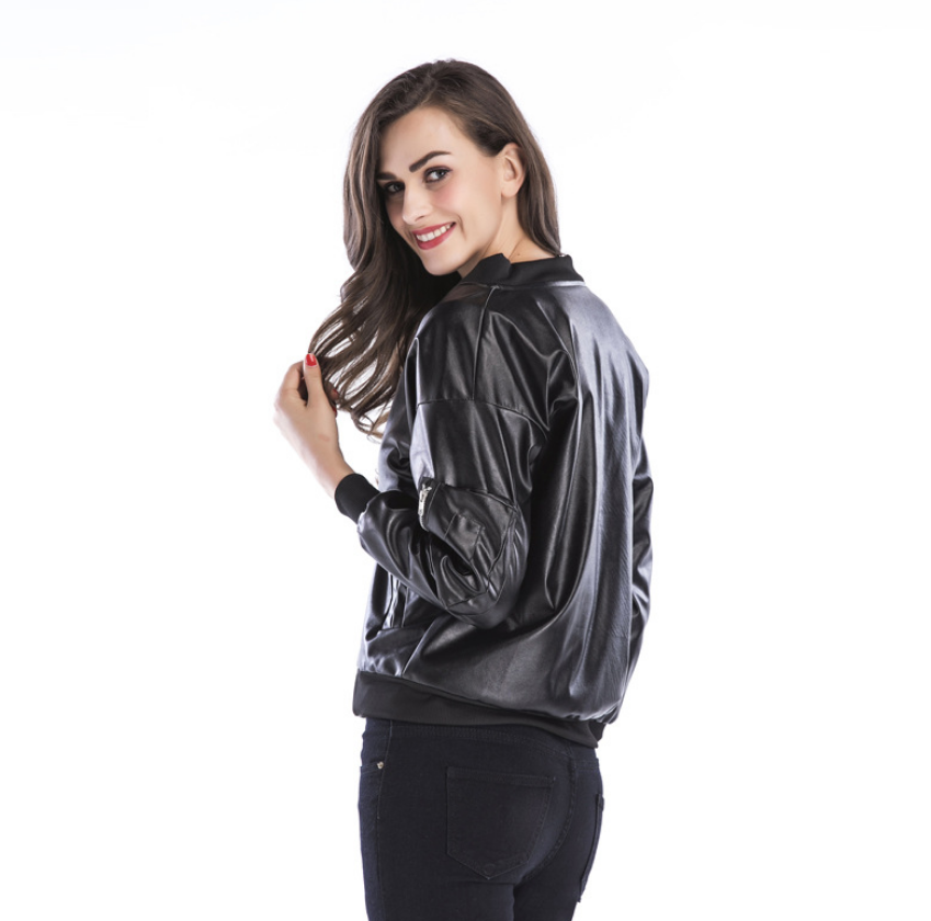 Women's Black Leather Jacket with Stand Collar
